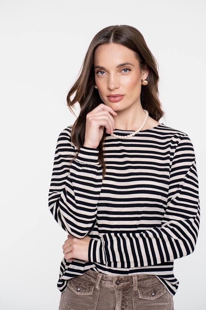 GEISHA SHIRT STRIPED AJOUR BLACK/OFF-WHITE