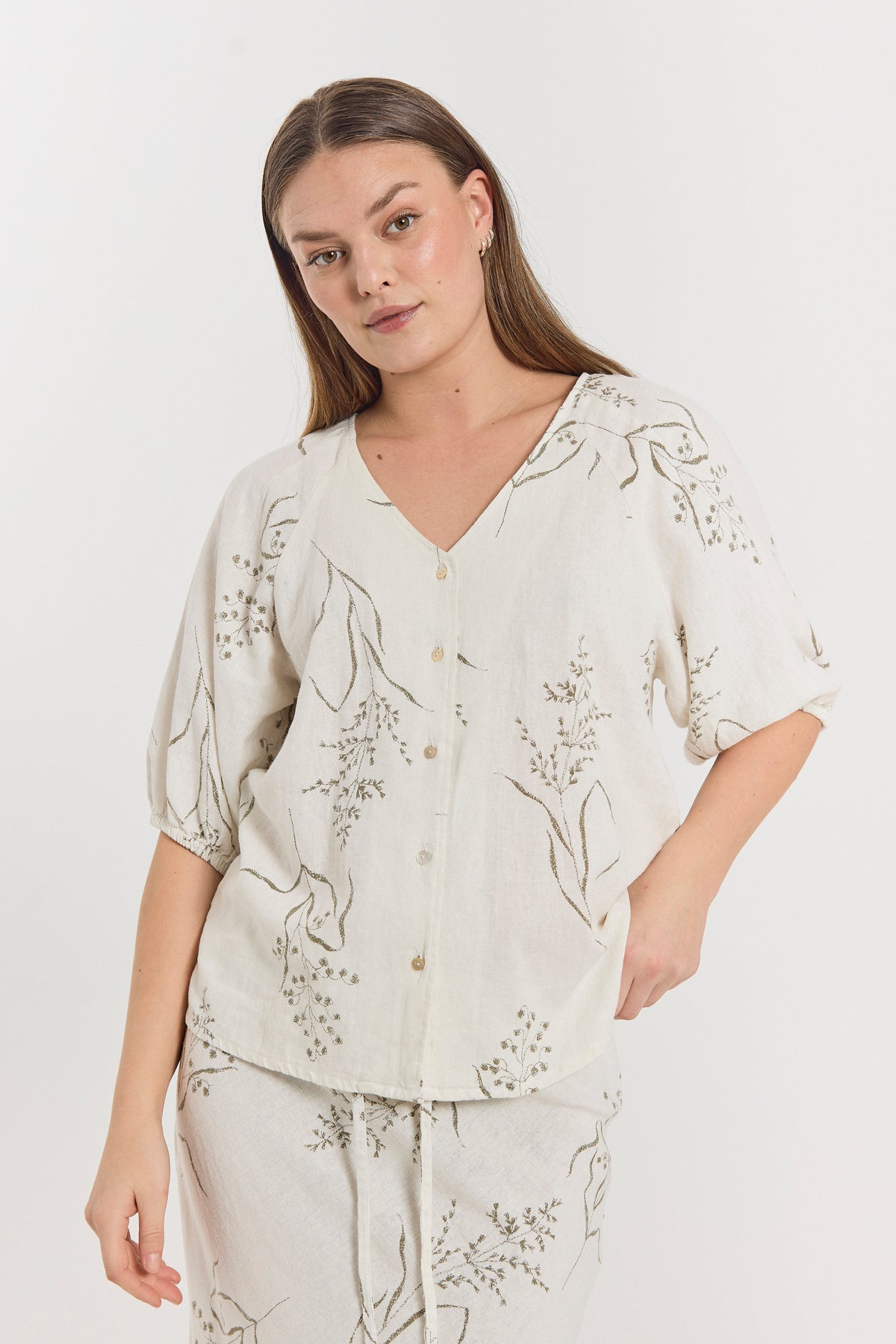 FREEQUENT BLOUSE LALUNA BRILLIANT WHITE/DEEP LICHEN GREEN