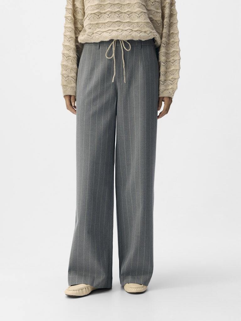 OBJECT BROEK LISA WIDE MEDIUM GREY MELANGE/HUMUS PINSTRIPE