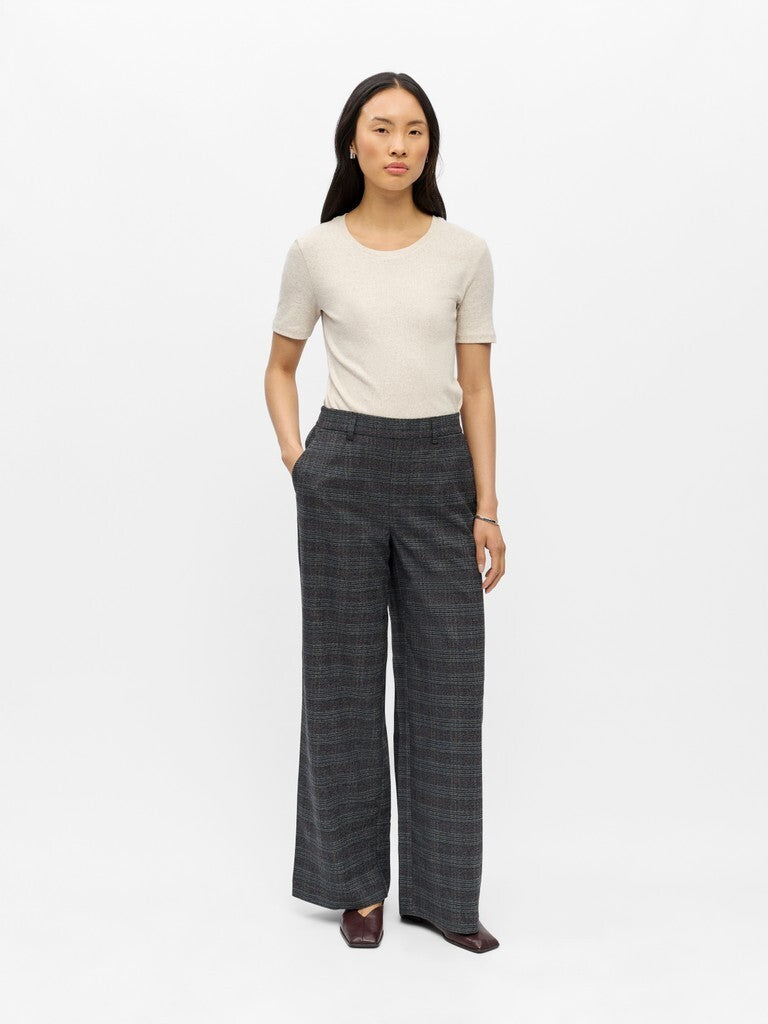 OBJECT BROEK LISA WIDE DARK GREY MELANGE/BLUE/BROWN