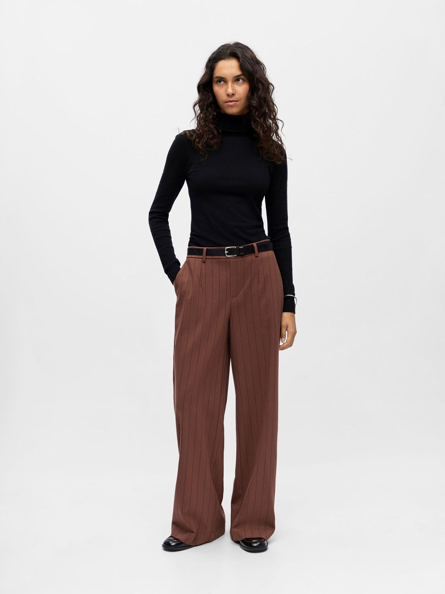 OBJECT BROEK LISA WIDE COCOA BROWN/BLACK PINSTRIPE