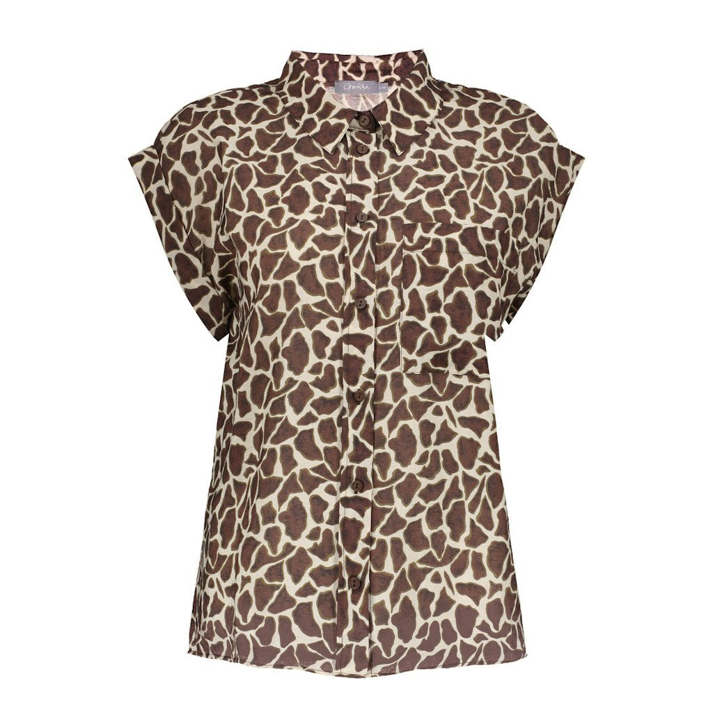 GEISHA BLOUSE MET GIRAFFEPRINT SAND/CHOCOLATE BROWN