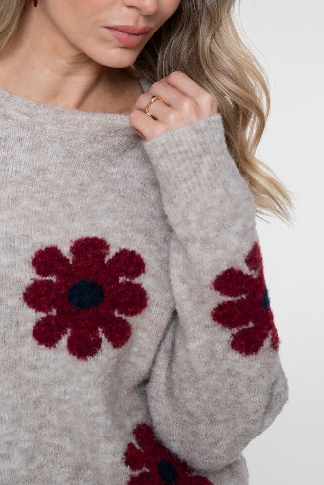 GEISHA TRUI MET BLOEMENDESSIN SAND/BURGUNDY/NAVY
