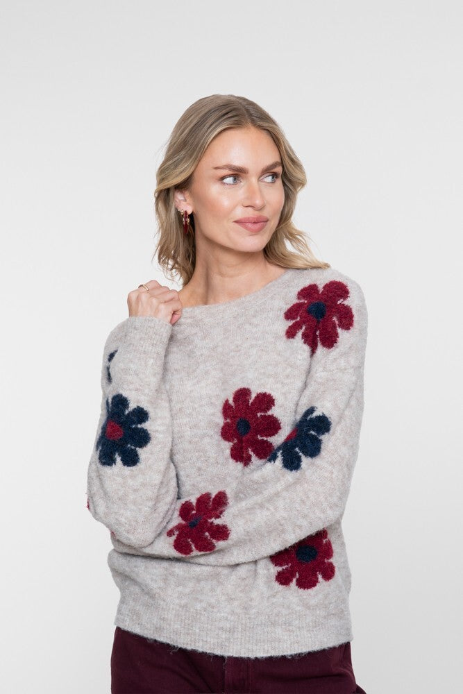 GEISHA TRUI MET BLOEMENDESSIN SAND/BURGUNDY/NAVY