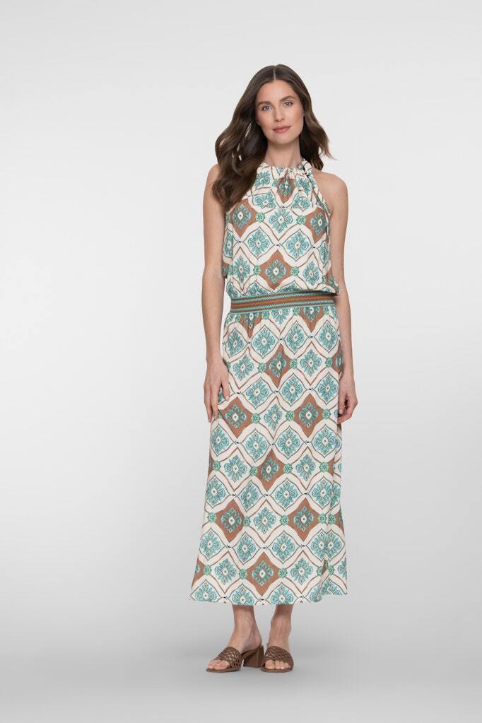 GEISHA JURK MET TEGELPRINT AQUA/CARAMEL