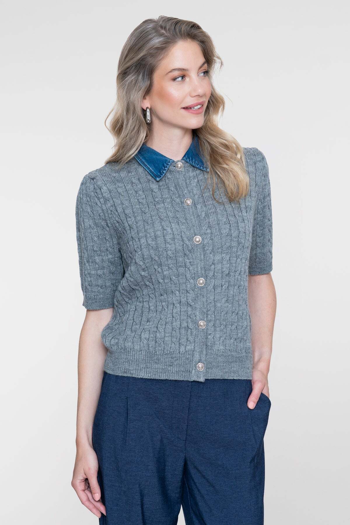 GEISHA TRUI DENIM KRAAG GREY MELANGE