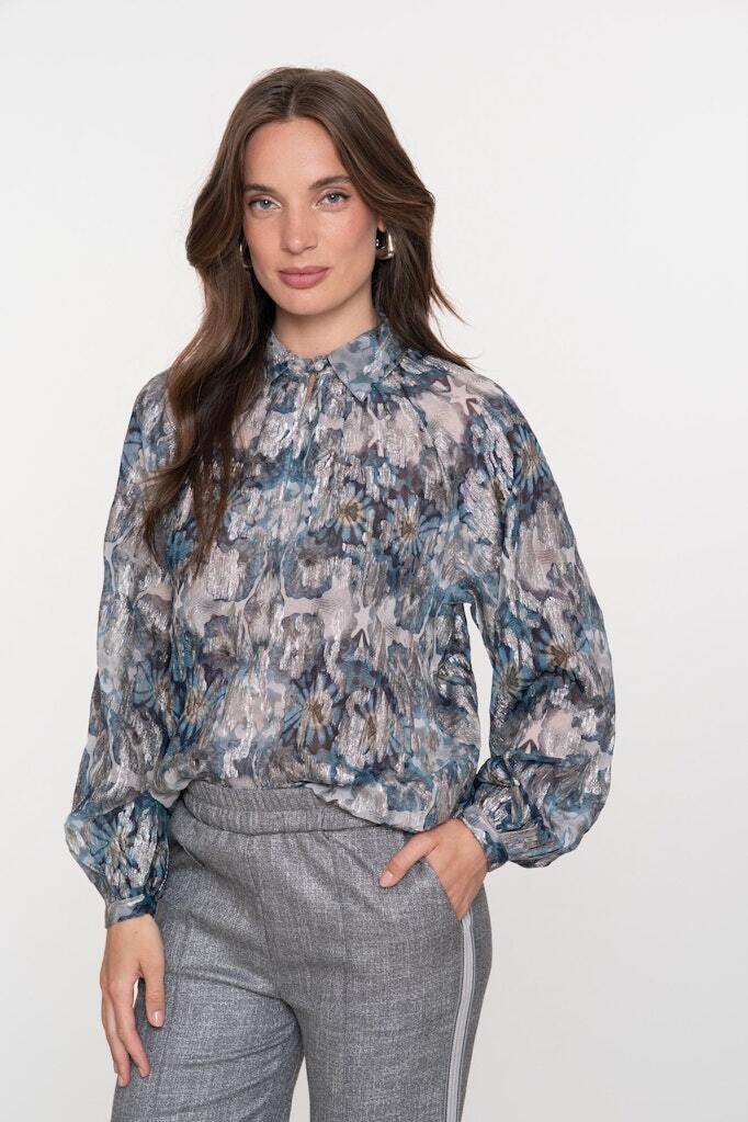 GEISHA BLOUSE AQUAREL PRINT BLUE/SILVER