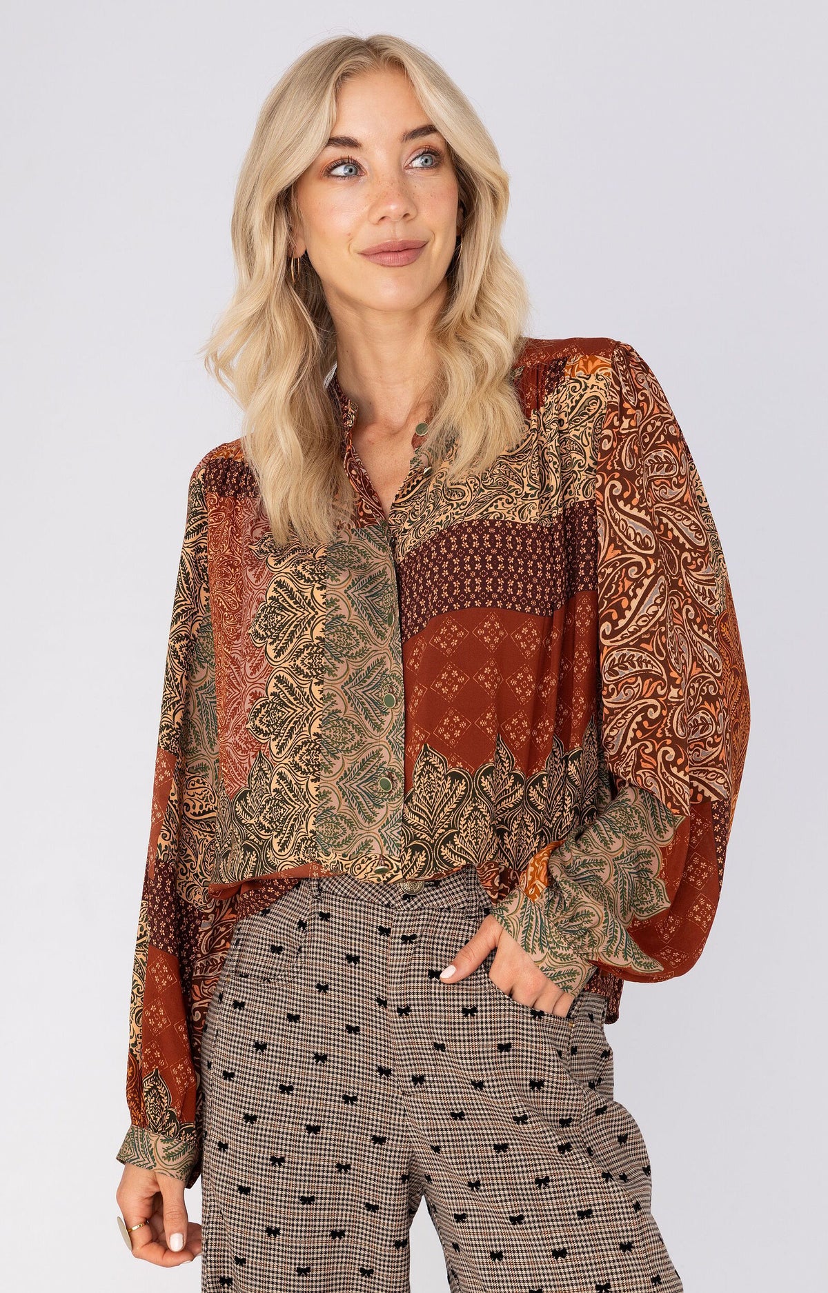 ANNA BLOUSE PATCHWORKPRINT RUST DESSIN
