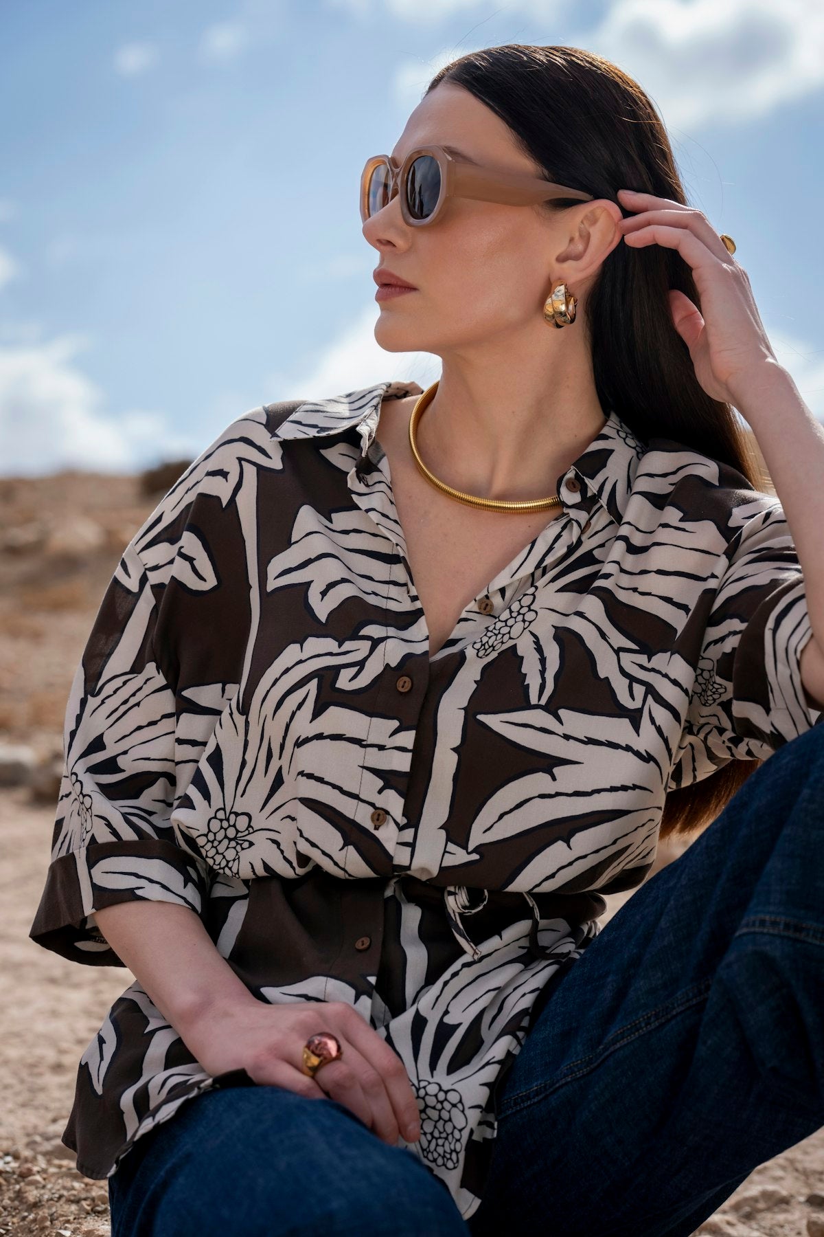 GEISHA BLOUSE MET CEINTUUR BROWN/OFF-WHITE