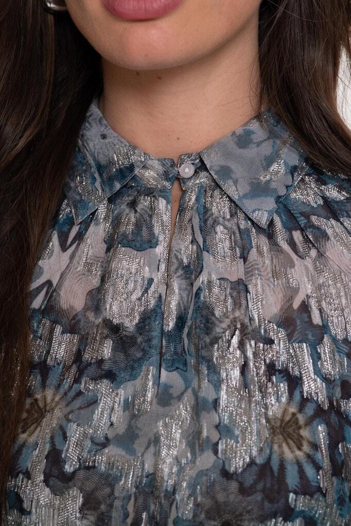 GEISHA BLOUSE AQUAREL PRINT BLUE/SILVER