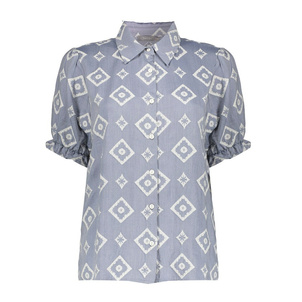GEISHA BLOUSE IKATPRINT BLUE/ECRU
