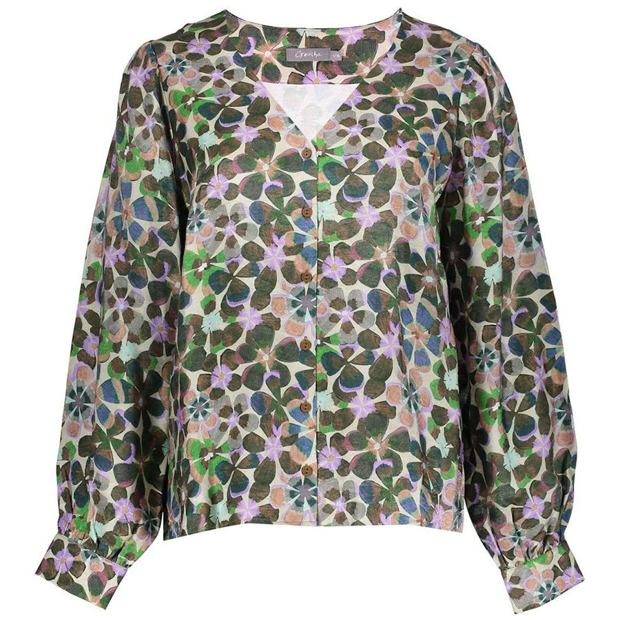 GEISHA BLOUSE FLOWERS LILA/GREEN