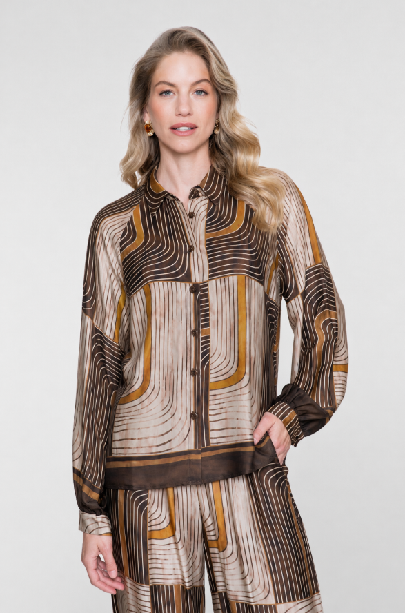 GEISHA BLOUSE GRAFISCHE PRINT BROWN/SAND