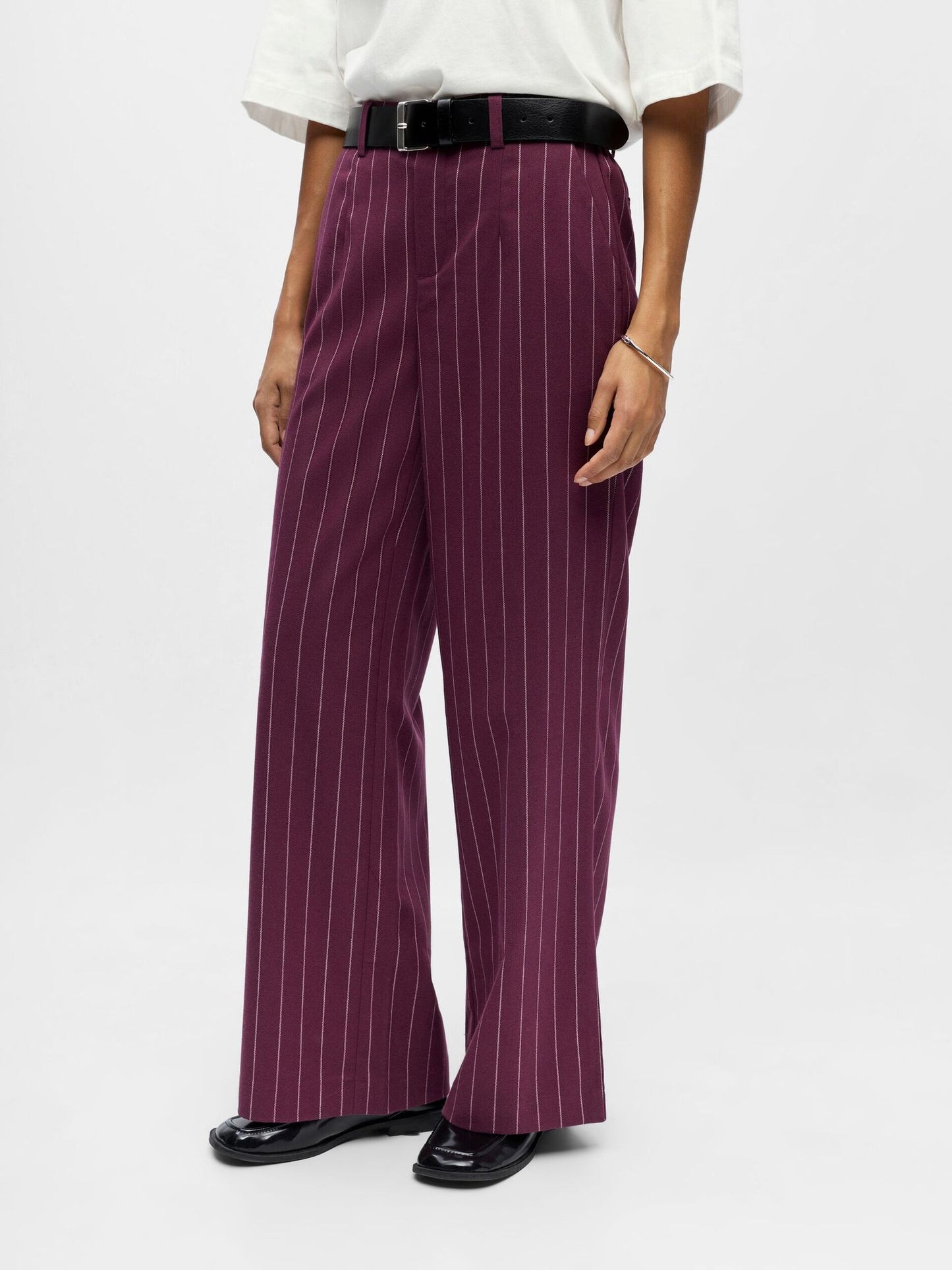 OBJECT BROEK LISA WIDE MAUVE WINE/PINK LADY PINSTRIPE