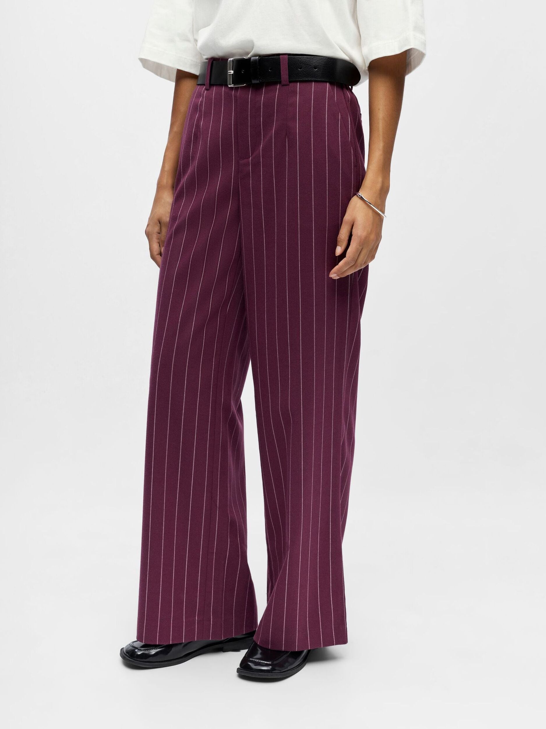 OBJECT BROEK LISA WIDE MAUVE WINE/PINK LADY PINSTRIPE