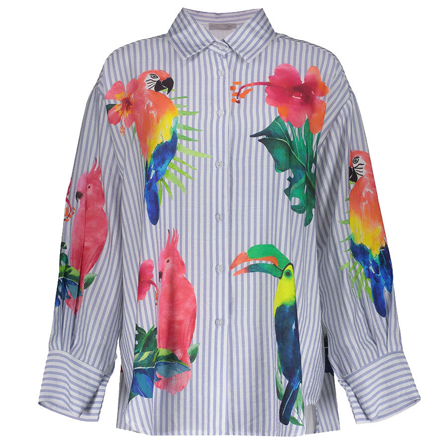 GEISHA BLOUSE STRIPES & BIRDS LIGHT BLUE/OFF-WHITE/PINK/GREEN