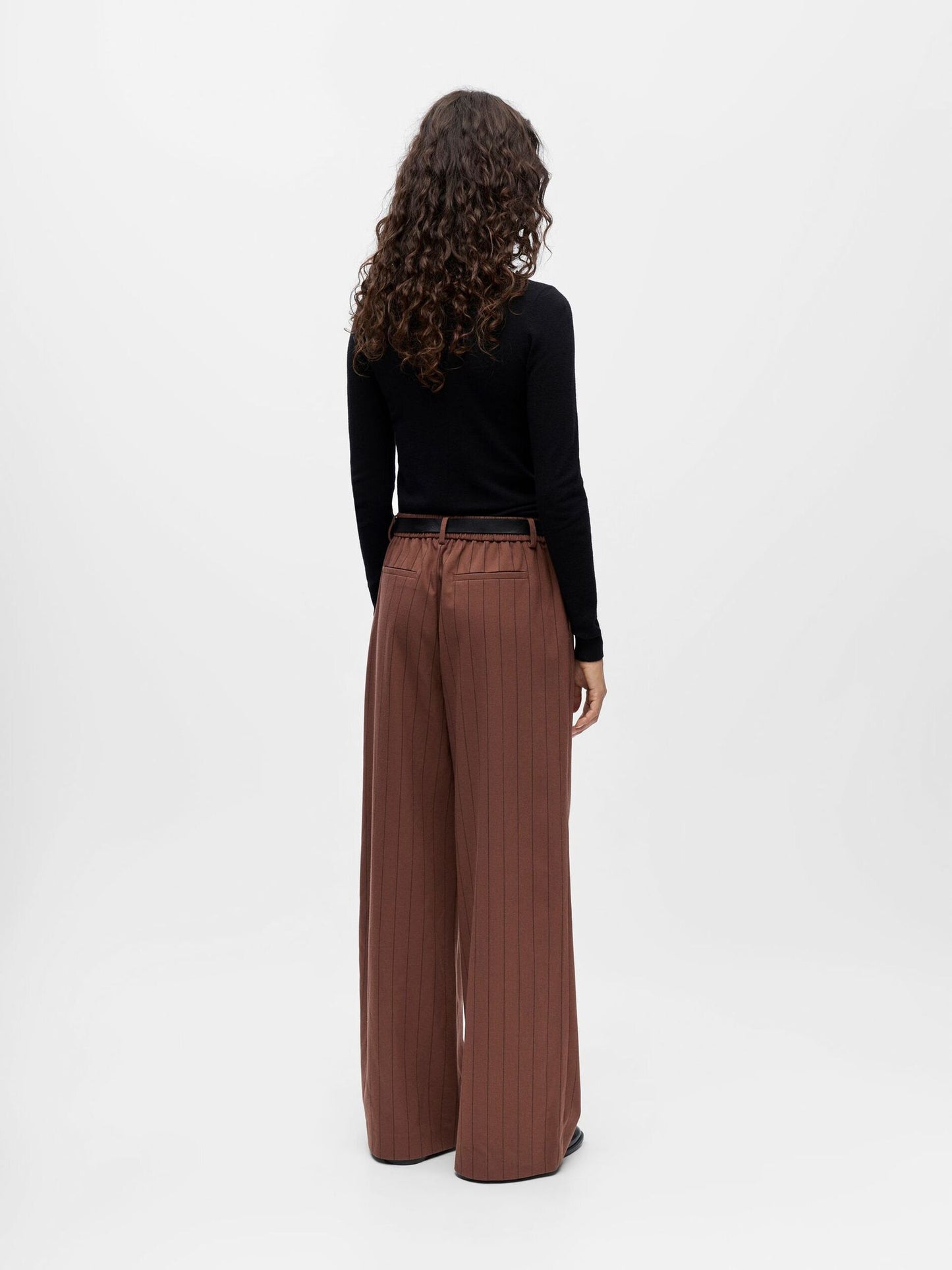 OBJECT BROEK LISA WIDE COCOA BROWN/BLACK PINSTRIPE
