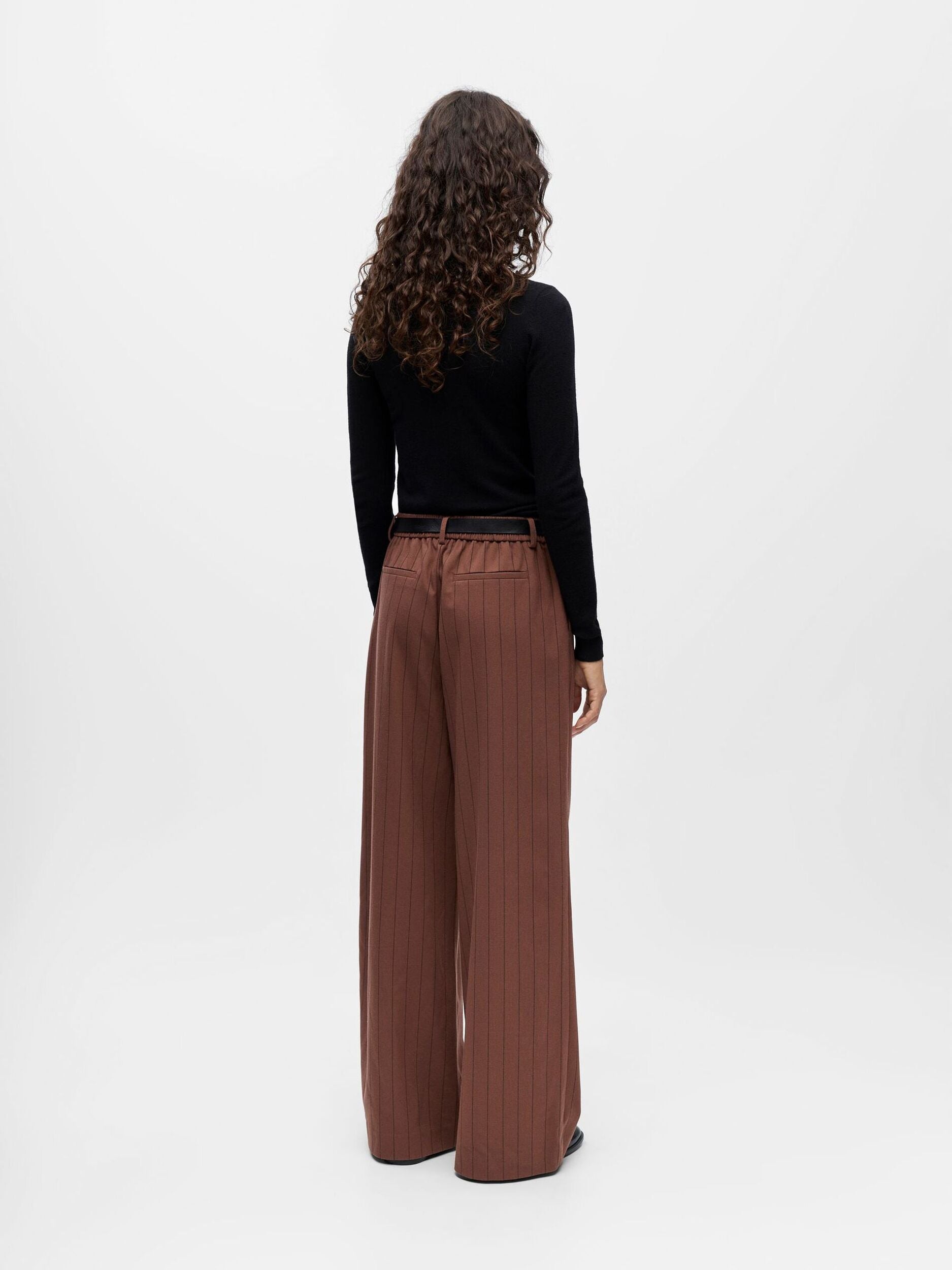 OBJECT BROEK LISA WIDE COCOA BROWN/BLACK PINSTRIPE