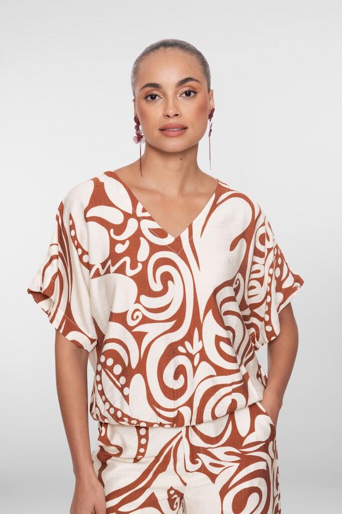GEISHA TOP MET PRINT ECRU/TABACCO