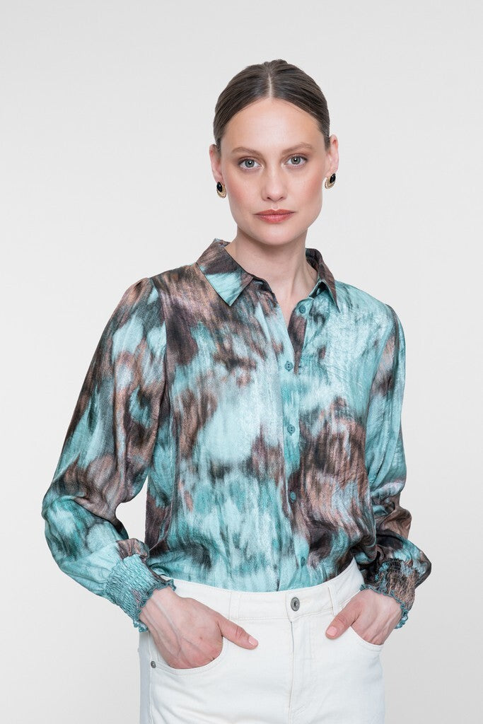 GEISHA BLOUSE MET AQUARELPRINT CAMEL/MINT