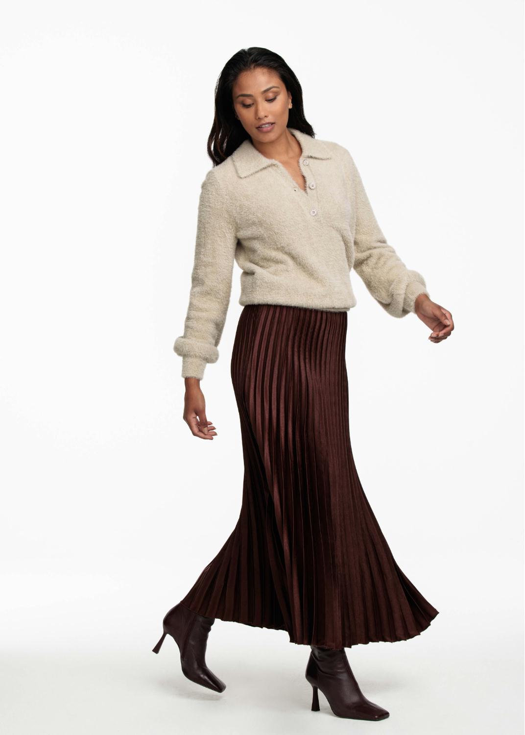 TRAMONTANA ROK SATIN PLISSE EGGPLANT