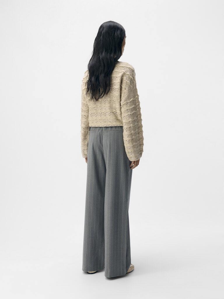 OBJECT BROEK LISA WIDE MEDIUM GREY MELANGE/HUMUS PINSTRIPE