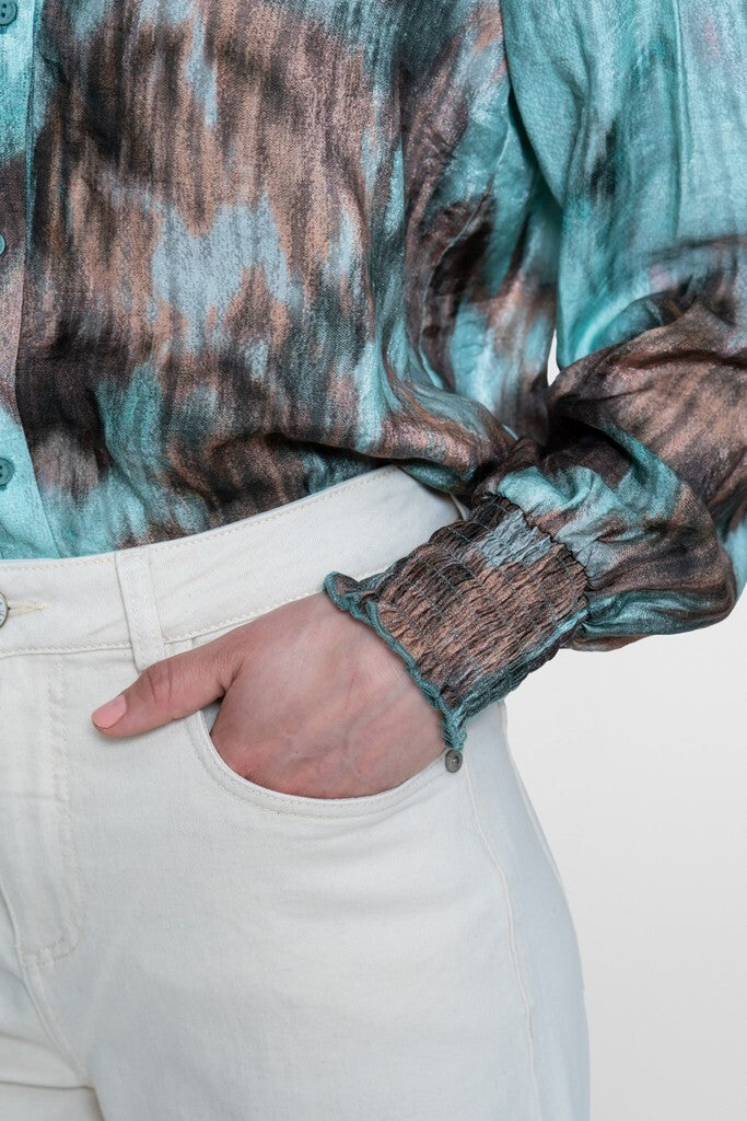 GEISHA BLOUSE MET AQUARELPRINT CAMEL/MINT