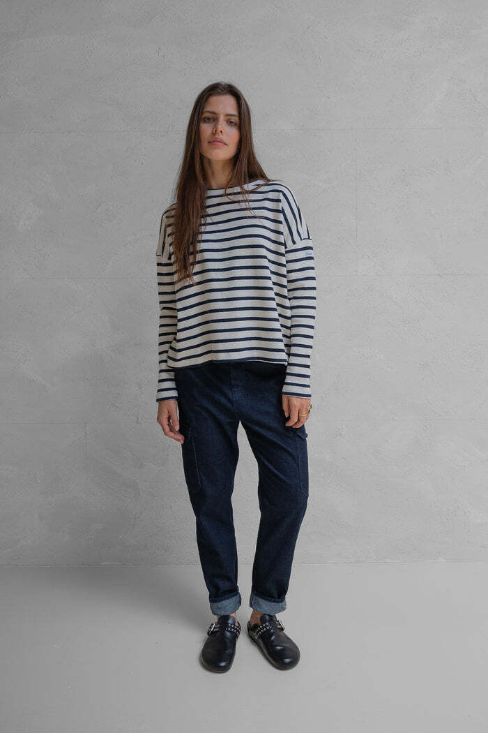 PENN&INK SWEATER STRIPE NAVY/ECRU