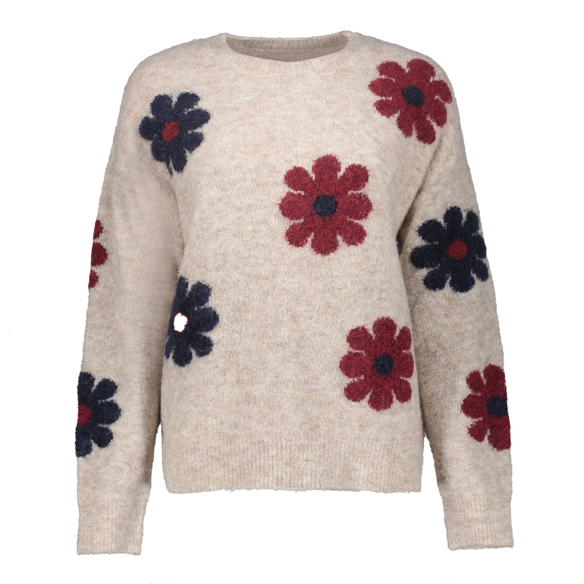 GEISHA TRUI MET BLOEMENDESSIN SAND/BURGUNDY/NAVY