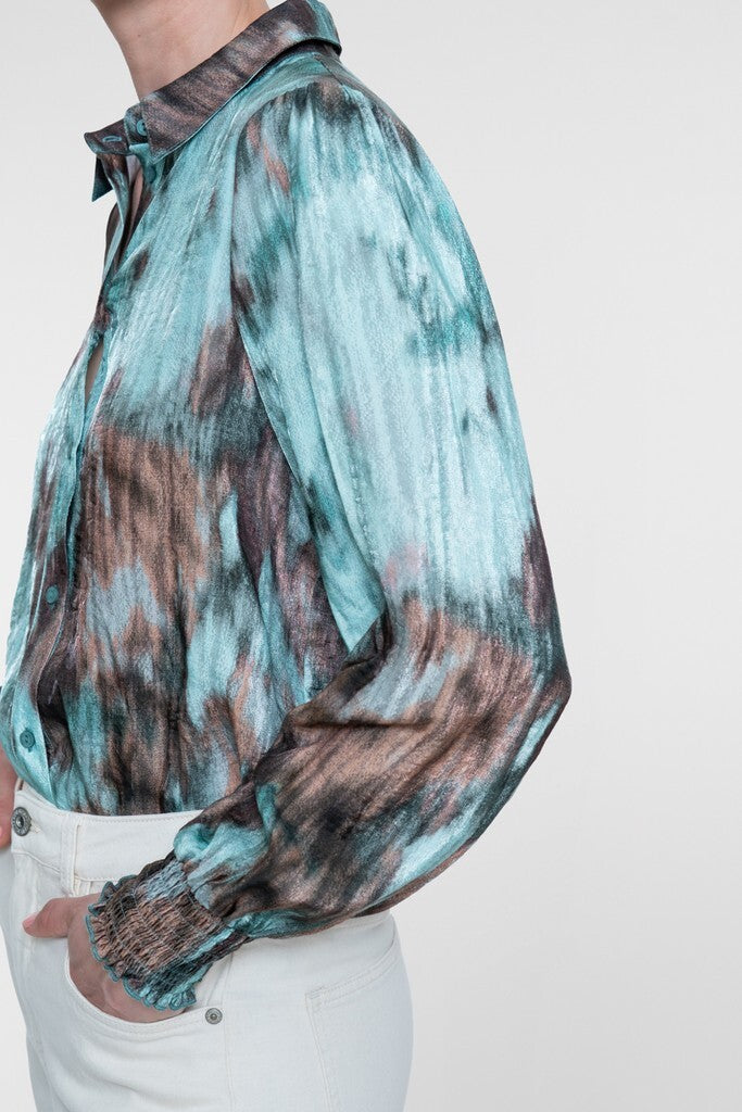 GEISHA BLOUSE MET AQUARELPRINT CAMEL/MINT