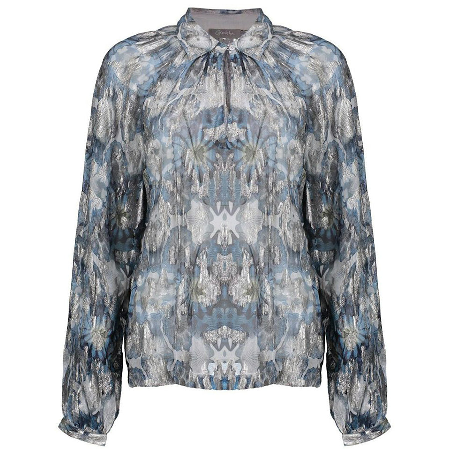 GEISHA BLOUSE AQUAREL PRINT BLUE/SILVER