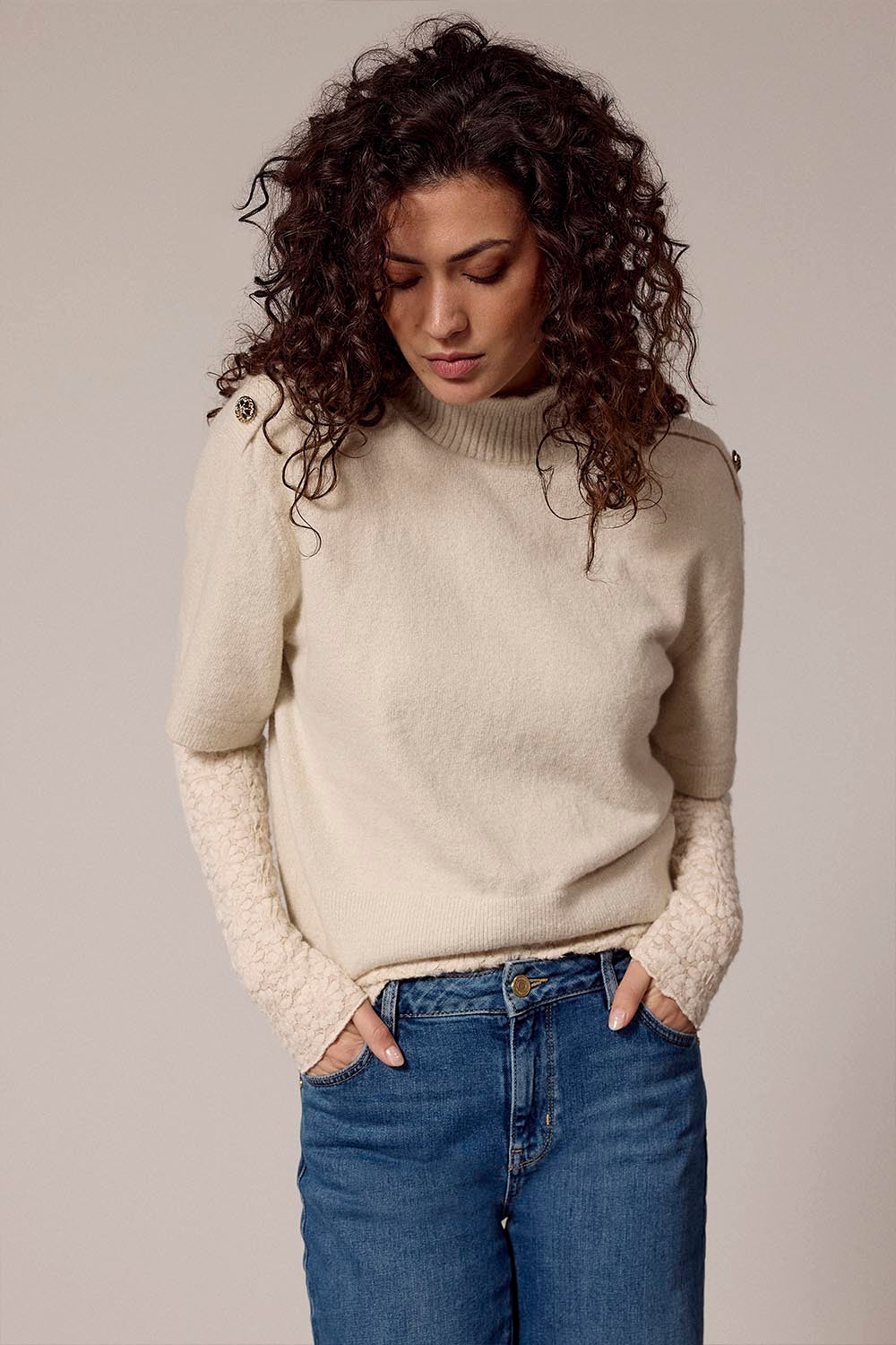 TRAMONTANA TRUI SHORT SLEEVE BUTTON DETAIL STONE MELANGE