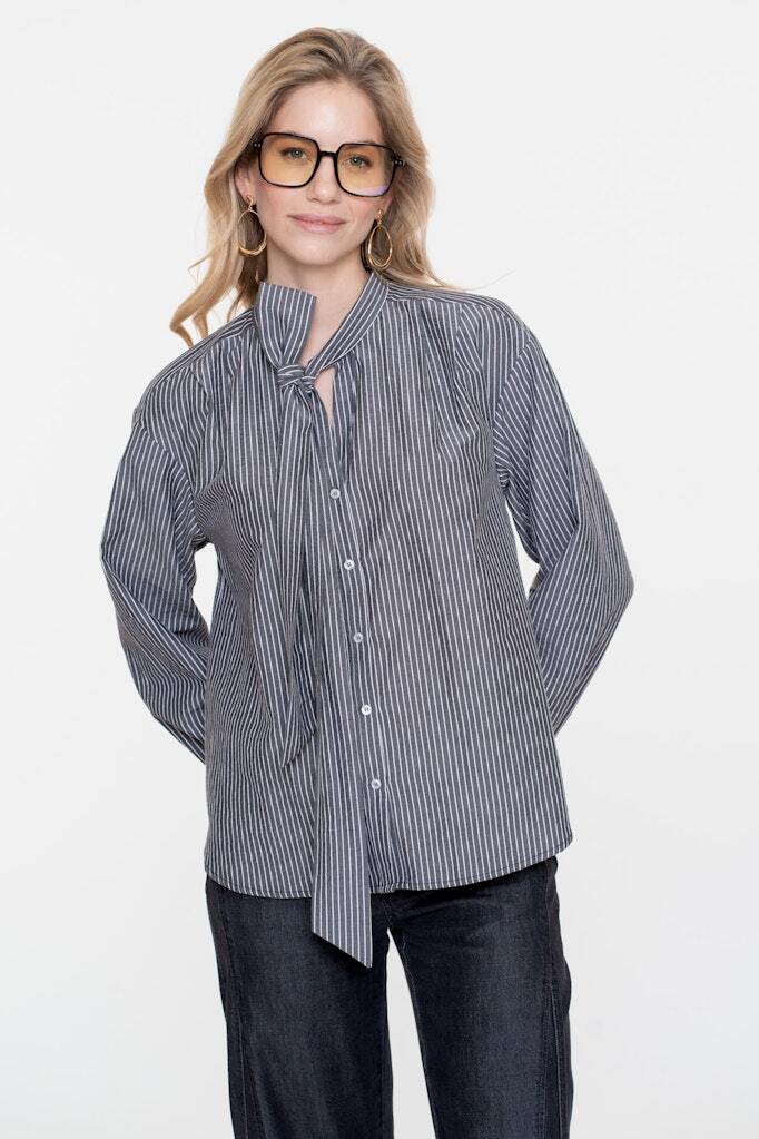 GEISHA BLOUSE BOW GREY/WHTIE