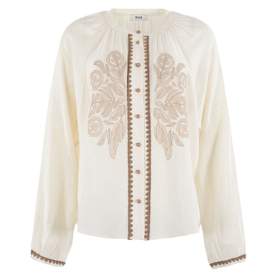 ANNA BLOUSE MET BORDUURSEL WET SAND DESSIN