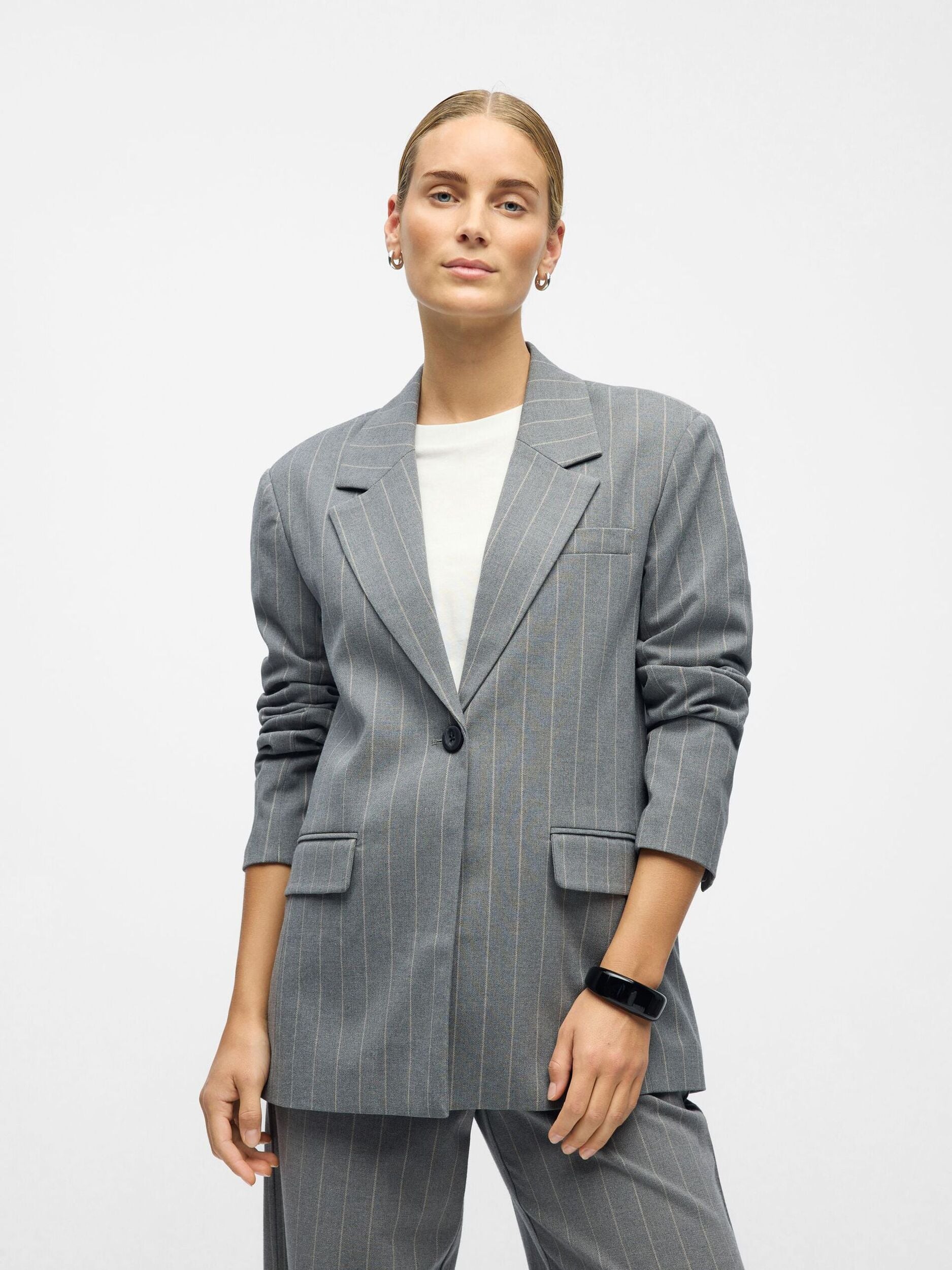 OBJECT BLAZER LISA MEDIUM GREY MELANGE/HUMUS PINSTRIPE