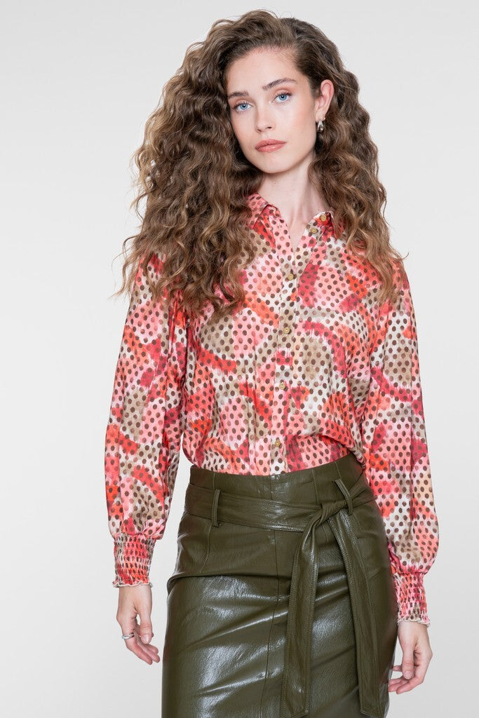 GEISHA GEISHA BLOUSE CORAL/MOSS GREEN