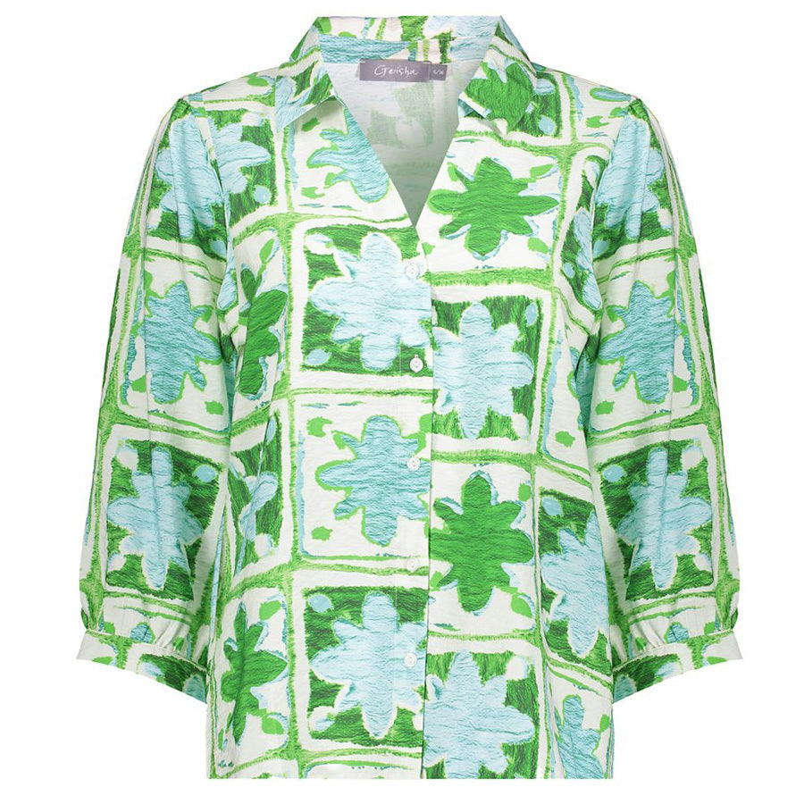 GEISHA BLOUSE BLOEMENPRINT GROEN/LICHT BLAUW