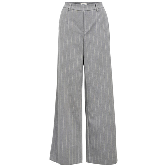 OBJECT BROEK LISA WIDE MEDIUM GREY MELANGE/HUMUS PINSTRIPE
