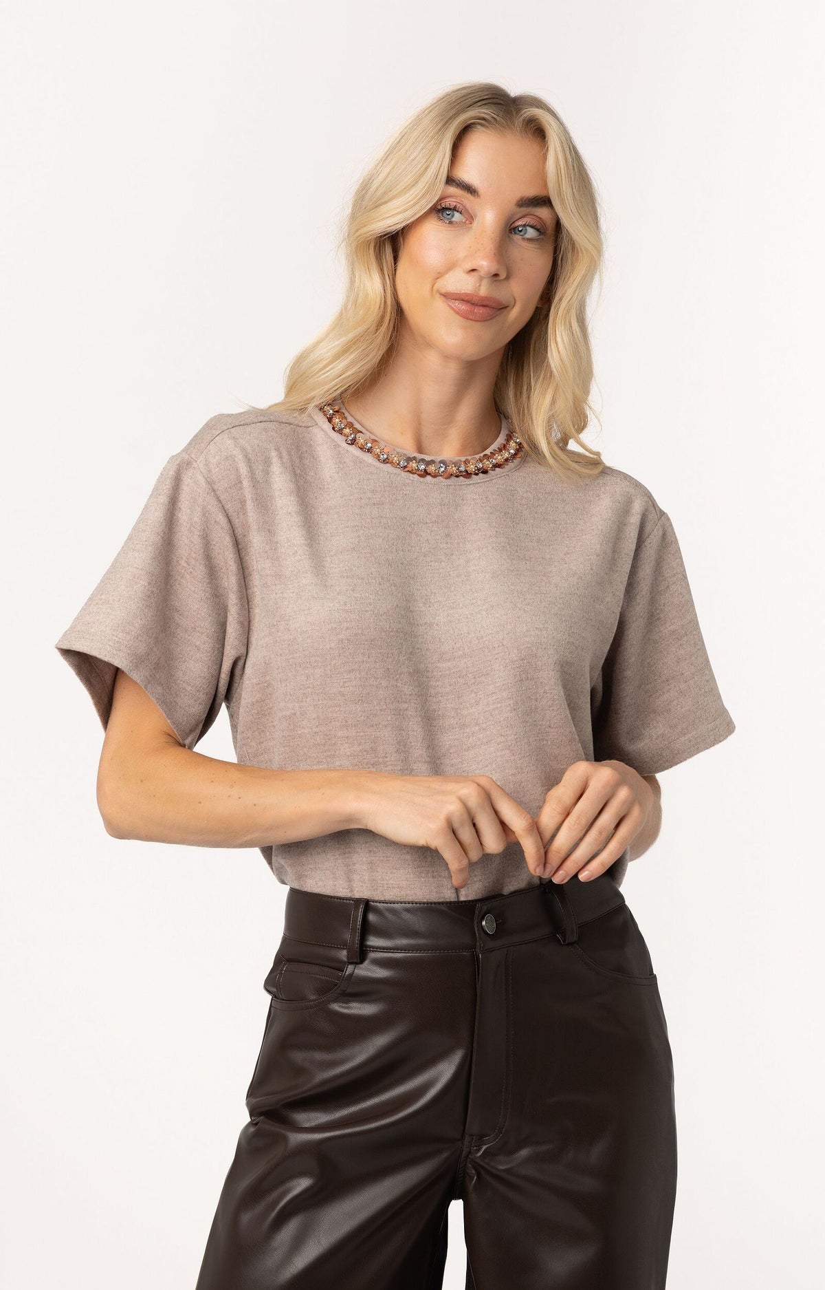 ANNA BLOUSE MET KRAAGDETAIL TAUPE MELANGE 