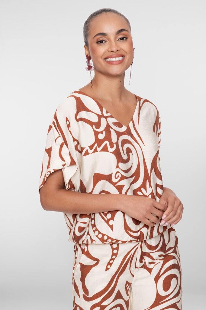 GEISHA TOP MET PRINT ECRU/TABACCO