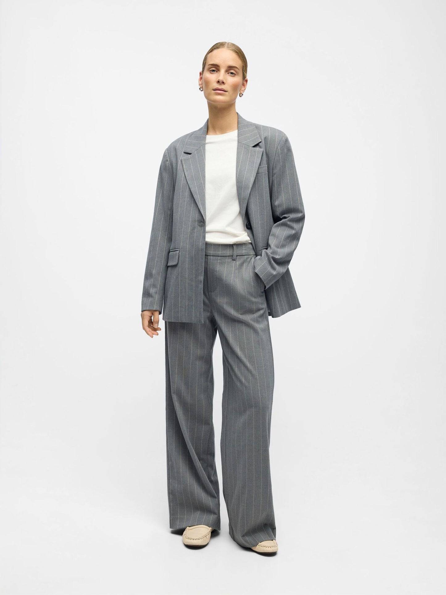 OBJECT BLAZER LISA MEDIUM GREY MELANGE/HUMUS PINSTRIPE