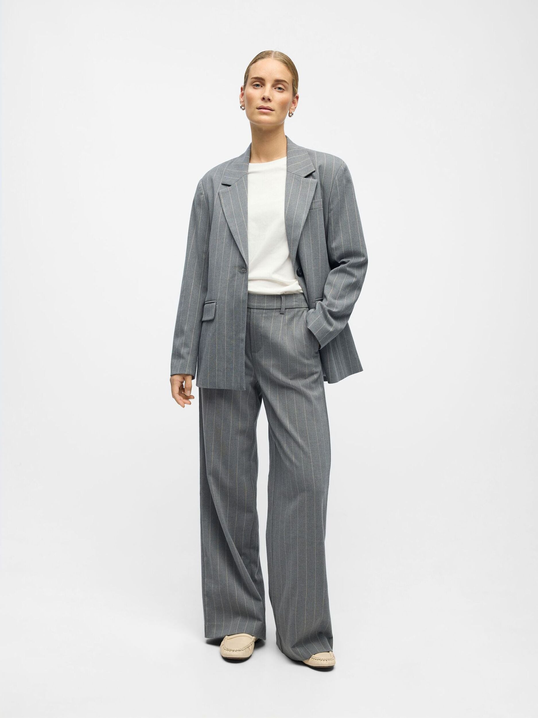 OBJECT BLAZER LISA MEDIUM GREY MELANGE/HUMUS PINSTRIPE