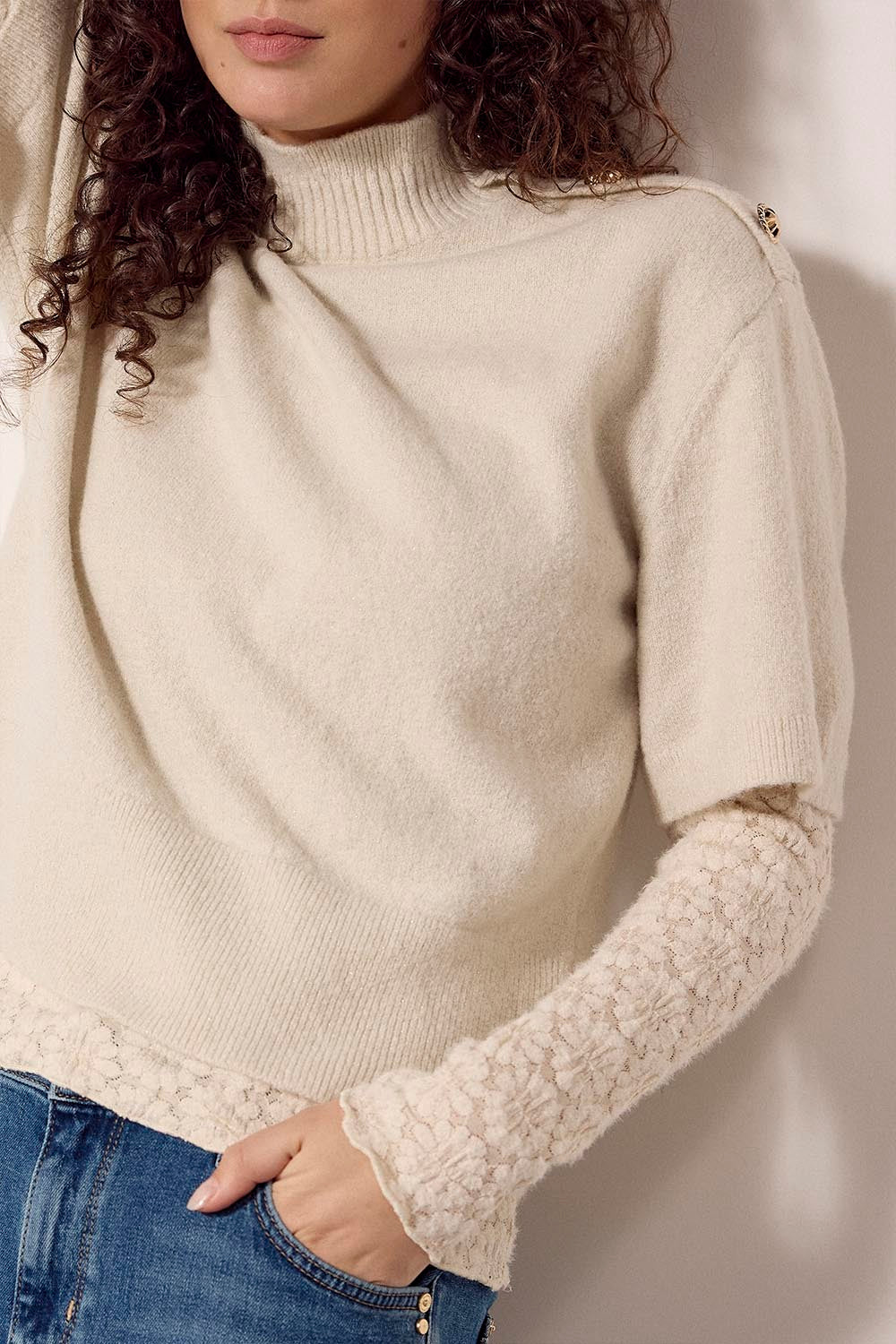 TRAMONTANA TRUI SHORT SLEEVE BUTTON DETAIL STONE MELANGE