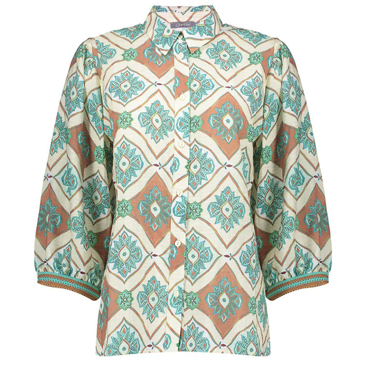 GEISHA BLOUSE MET TEGELPRINT AQUA/CARAMEL