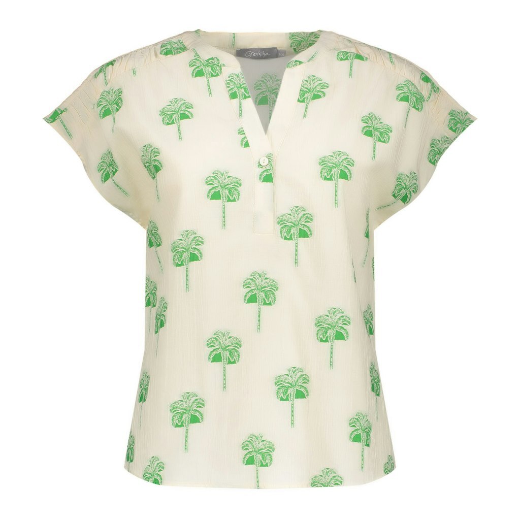 GEISHA TOP MET ZOMERSE PALMPRINT OFF-WHITE/GREEN
